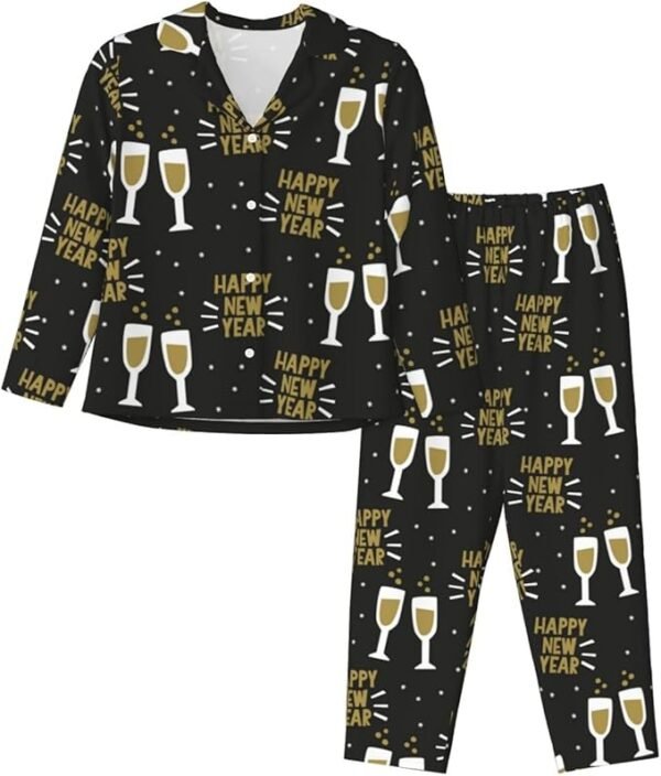 Happy New Year Cheers Womens Pajama Sets Long Sleeve Button Down Lounge Comfy Pj Pajama Set Women 2 Piece